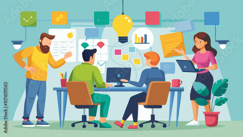 A group of people are working together in a room with a lot of papers