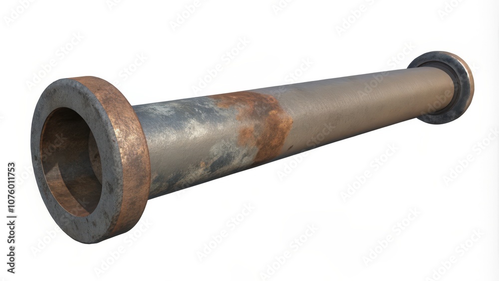 A rusted metal pipe with a circular opening at one end A rusted metal pipe with a circular opening at one end