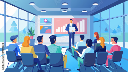 A man is giving a presentation to a group of people in a conference room