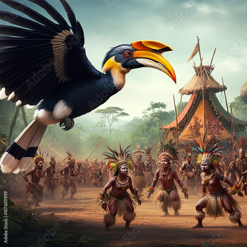 A majestic hornbill bird in flight at the Hornbill Festival, with traditional tribal structures in the background, celebrating indigenous culture and connection to nature photo