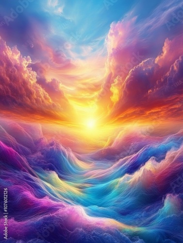 A vibrant sunset over colorful waves, creating a dreamlike and serene atmosphere.