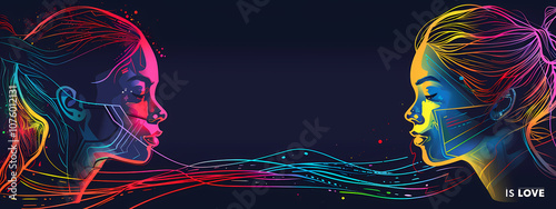 Two colorful, abstract, female portraits face each other, symbolizing connection and love through vibrant lines and digital art.