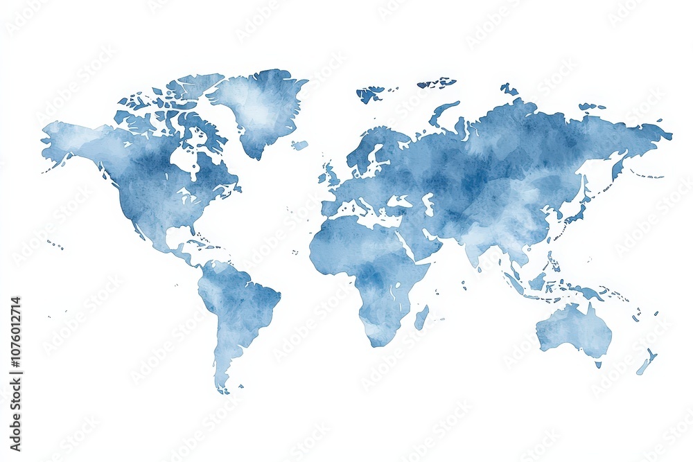 Artistic watercolor world map in soft light blue and white, showing continents and oceans in a modern, minimalist style..