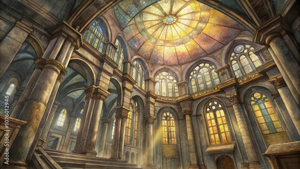 Interior View of a Grand Cathedral with Domed Ceiling and Stained Glass Windows Interior View of a Grand Cathedral with Domed Ceiling and Stained Glass Windows