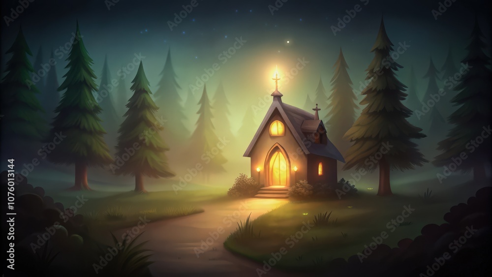A Small Glowing Church in a Dark Forest at Night A Small Glowing Church in a Dark Forest at Night