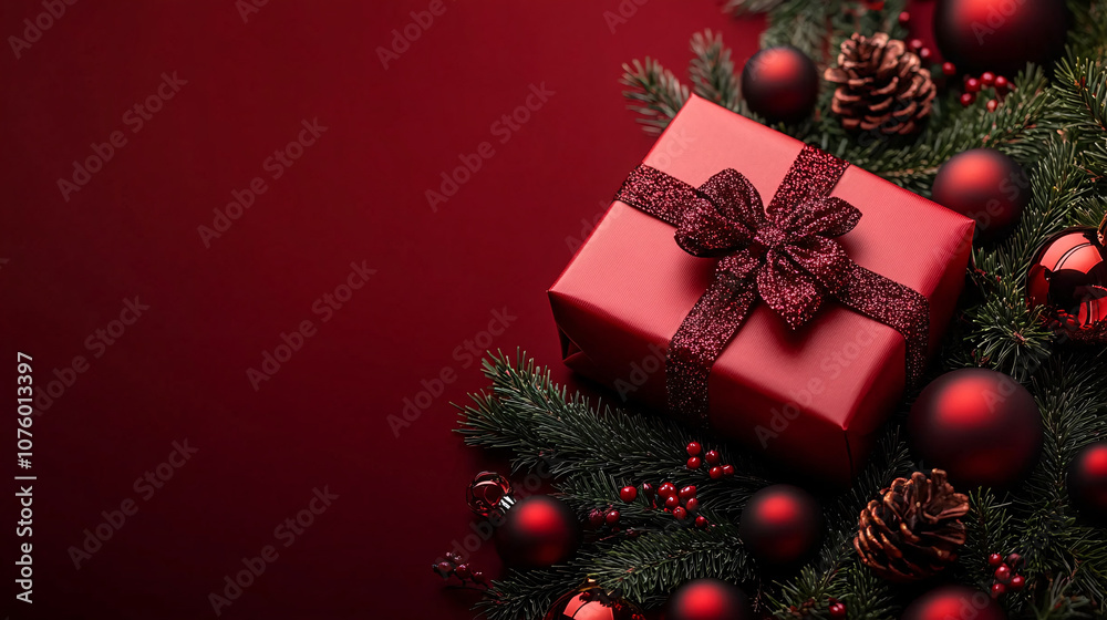 Christmas background with a red gift box, fir branches, decorations, and copy space. Festive and cozy atmosphere. Suitable for holiday greetings, invitations, and marketing materials. Christmas background with a red gift box, fir branches, decorations, and copy space. Festive and cozy atmosphere. Suitable for holiday greetings, invitations, and marketing materials.