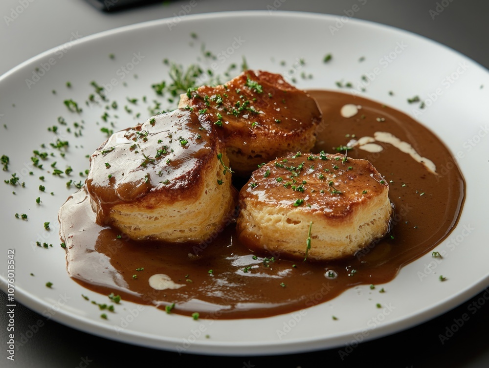 White plate with meat and gravy White plate with meat and gravy