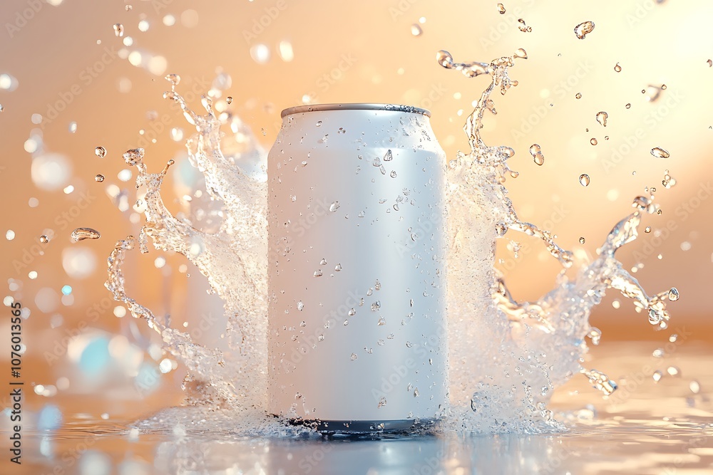 can with drops and aqua splash with scattering splashes on blue background. 3d rendered illustration.