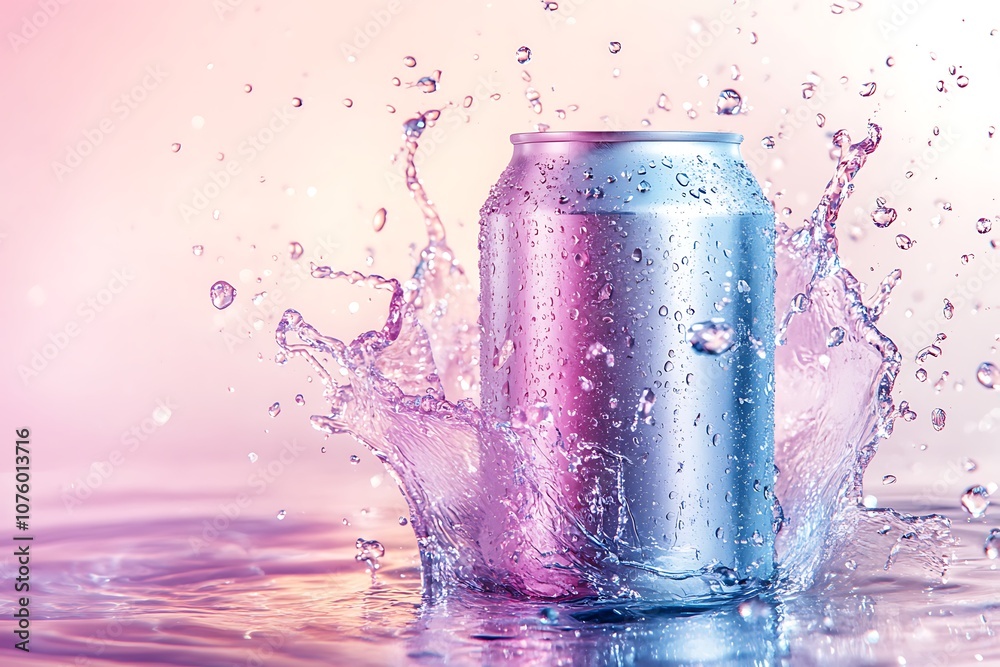 can with drops and aqua splash with scattering splashes on blue background. 3d rendered illustration. can with drops and aqua splash with scattering splashes on blue background. 3d rendered illustration.