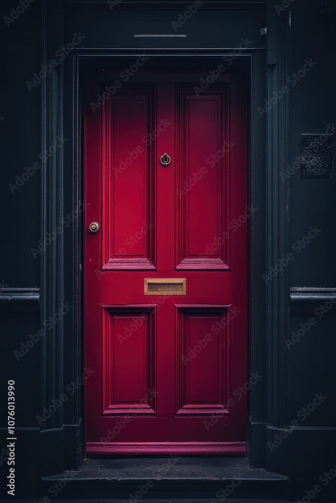 Elegant red door in dark exterior Elegant red door in dark exterior
