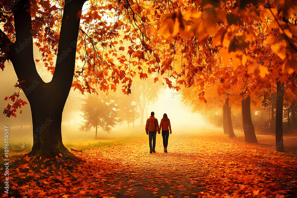 Fototapeta premium Couple Walking in Autumn Park with Orange Leaves on a Foggy Morning, Romantic Fall Scene