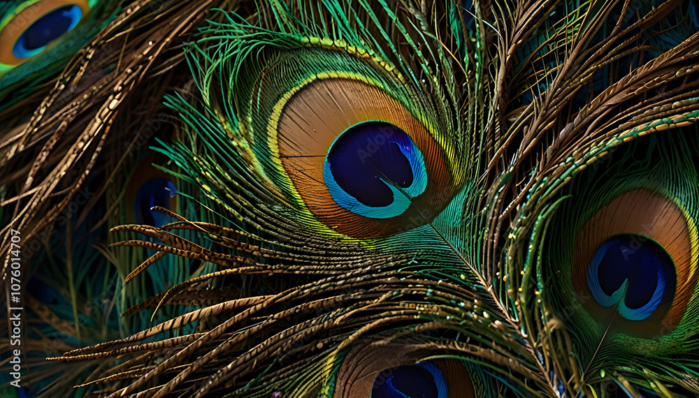 Obraz premium “Illustration of Peacock Feathers in Close-Up View” – A Rich and Colorful Drawing Highlighting the Eye-Catching Patterns and Textures of Peacock Feathers with Room for Text