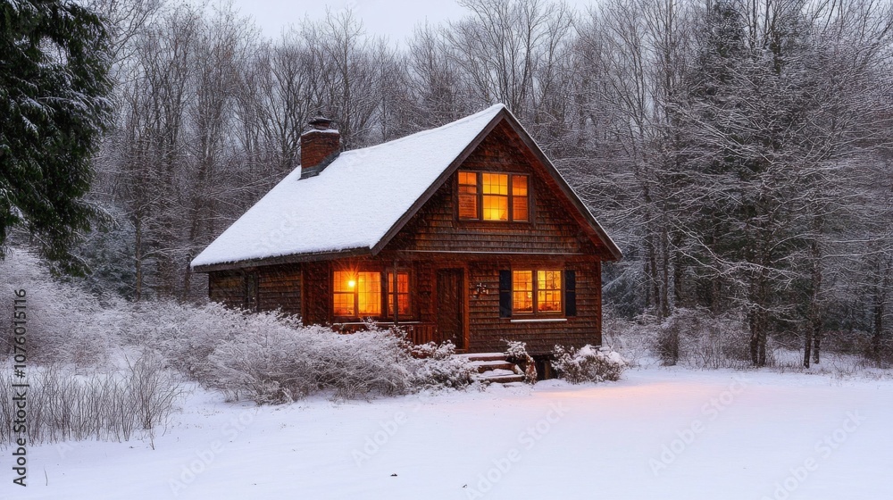Cozy Cabin with Glowing Windows in Snowy Forest Cozy Cabin with Glowing Windows in Snowy Forest