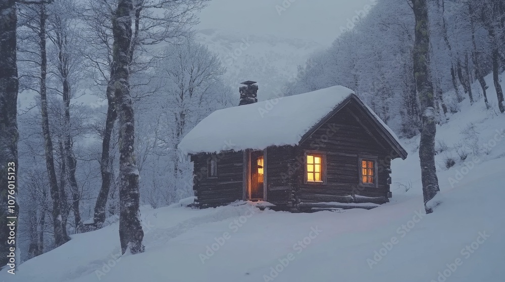 A Cozy Cabin Nestled in a Snowy Forest with a Glowing Window A Cozy Cabin Nestled in a Snowy Forest with a Glowing Window