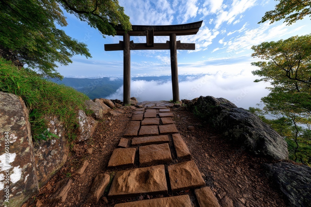 Gothic Japanese torii gate shrouded in mist, with dark vines and a mystical atmosphere Gothic Japanese torii gate shrouded in mist, with dark vines and a mystical atmosphere