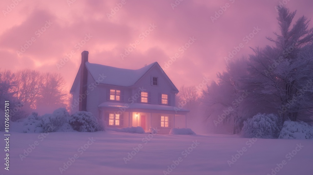 A White Farmhouse in a Foggy, Pink-Hued Winter Landscape