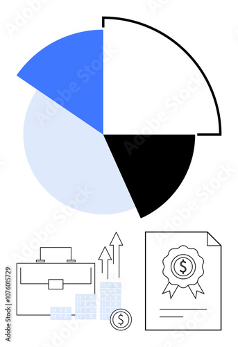 Pie chart divided into four sections with blue, black, and white. Briefcase, coin stacks with upward arrows, and certificate. Ideal for finance, business analysis, investments corporate