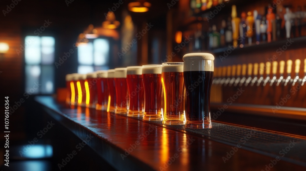 A row of beer glasses on a bar counter A row of beer glasses on a bar counter