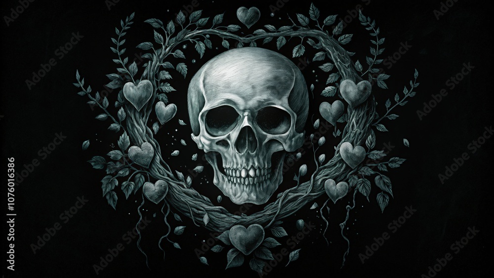 A Human Skull Encircled by Vines with Heart-Shaped Leaves A Human Skull Encircled by Vines with Heart-Shaped Leaves