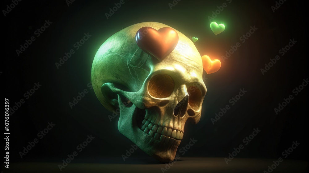 A Golden Skull Adorned with Glowing Hearts A Golden Skull Adorned with Glowing Hearts