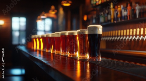 A row of beer glasses on a bar counter