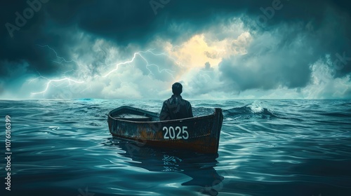 A man in a small, rickety boat, looking out at the stormy sea on the horizon. In the clouds in the sky, 