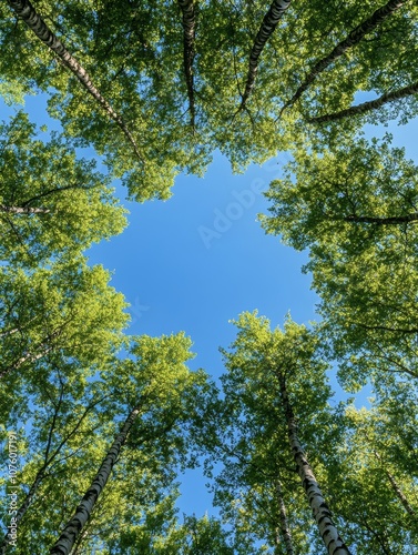 A view of tall trees framing a clear blue sky, creating a serene natural setting.