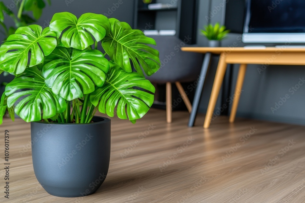 Realistic view of a home office setup with a desk, computer, and houseplants in a modern, minimalist room Realistic view of a home office setup with a desk, computer, and houseplants in a modern, minimalist room