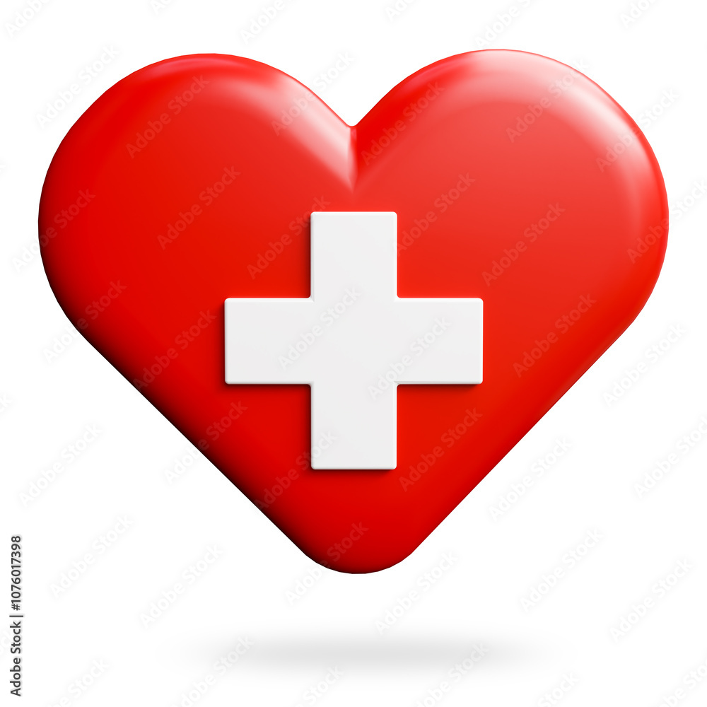 red heart with white cross isolated on white background. Symbol of medicine and first aid, 3d render red heart with white cross isolated on white background. Symbol of medicine and first aid, 3d render