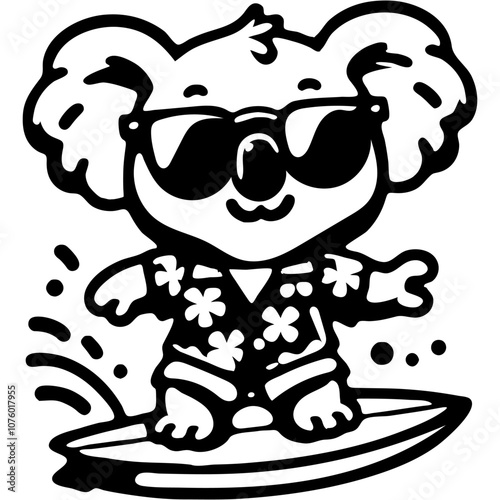 Koala bear in sunglasses and Hawaiian shirt surfing on surfboard in monochrome. Simple minimalistic vector in black ink drawing on transparent background