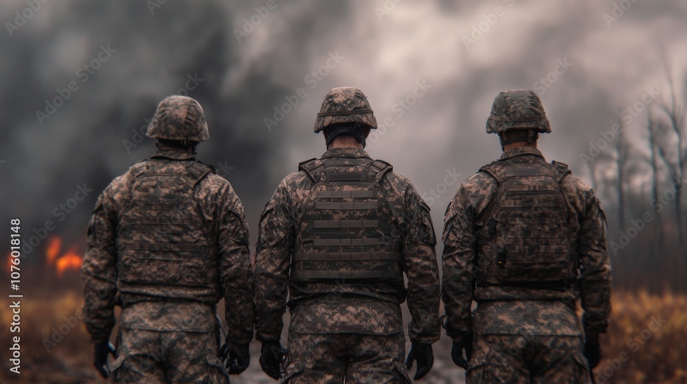 Three soldiers stand facing a forest fire, their backs to the camera, a symbol of courage and resilience. Three soldiers stand facing a forest fire, their backs to the camera, a symbol of courage and resilience.