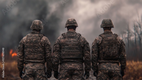 Three soldiers stand facing a forest fire, their backs to the camera, a symbol of courage and resilience.