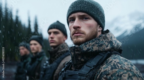 Four soldiers in camouflage gear stand in a snowy mountain landscape, looking determined.