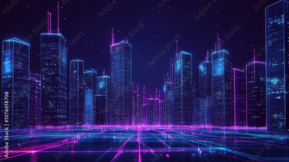 Futuristic cityscape with neon lights and digital grid. Futuristic cityscape with neon lights and digital grid.