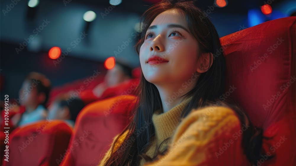 A group of people watching a movie in a cinema. young Asian women are sitting on red seats, enjoying the movie.