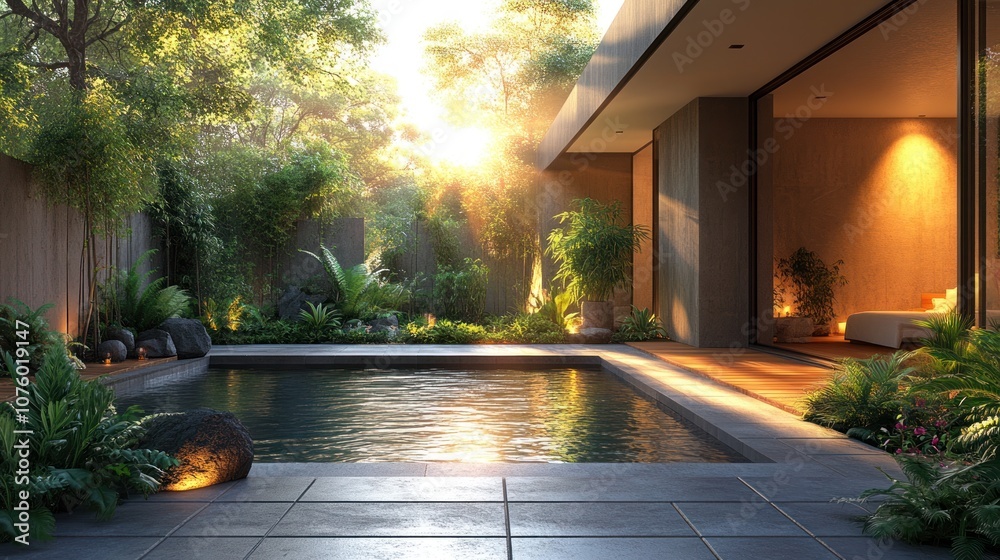 Fototapeta premium Serene outdoor pool surrounded by lush greenery and sunlight.
