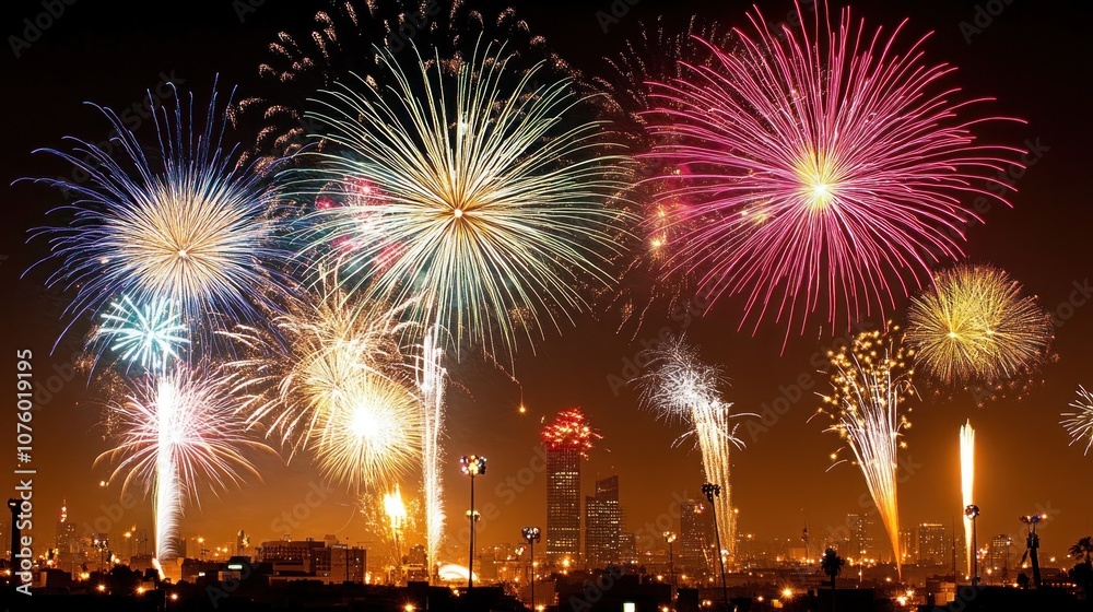 Fototapeta premium Vibrant Fireworks Display Over Cityscape