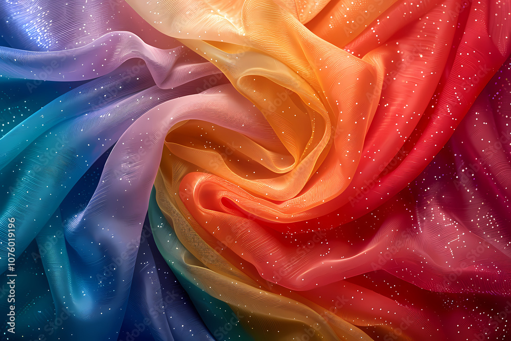 A vibrant swirl of multicolored silk, showcasing hues of blue, orange, and red, interspersed with sparkling details, creating a dreamy atmosphere. A vibrant swirl of multicolored silk, showcasing hues of blue, orange, and red, interspersed with sparkling details, creating a dreamy atmosphere.