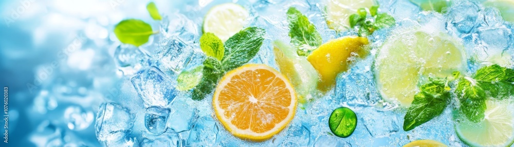 Fresh Lemon Lime and Mint in Ice Cubes Summer Drink Ingredients Fresh Lemon Lime and Mint in Ice Cubes Summer Drink Ingredients