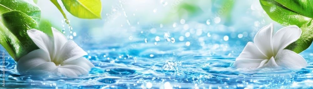 White Flowers Floating in Blue Water with Green Leaves White Flowers Floating in Blue Water with Green Leaves