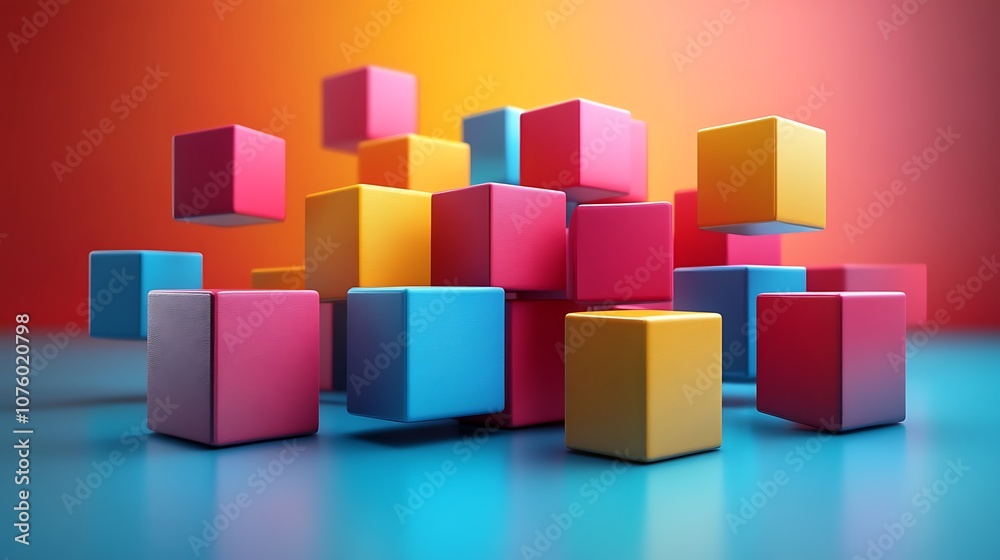 Fototapeta premium Colorful cubes scattered on a reflective blue surface with an orange and yellow gradient background.