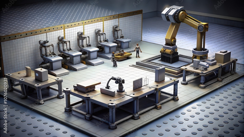 Naklejka premium Futuristic Industrial Factory with Robotic Arms and Workers