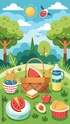 A colorful drawing of a picnic with a basket full of food and drinks