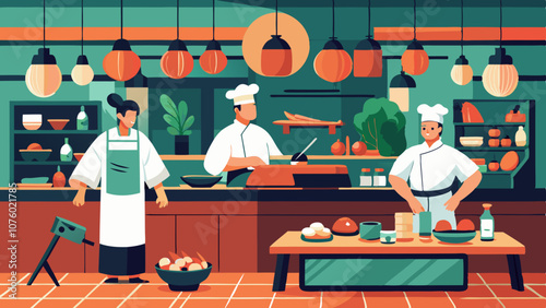 A cartoonish drawing of a restaurant kitchen with three chefs