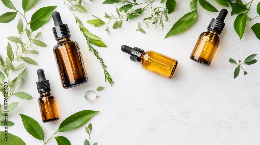 Natural Essential Oils in Glass Bottles with Green Leaves on White Background Natural Essential Oils in Glass Bottles with Green Leaves on White Background