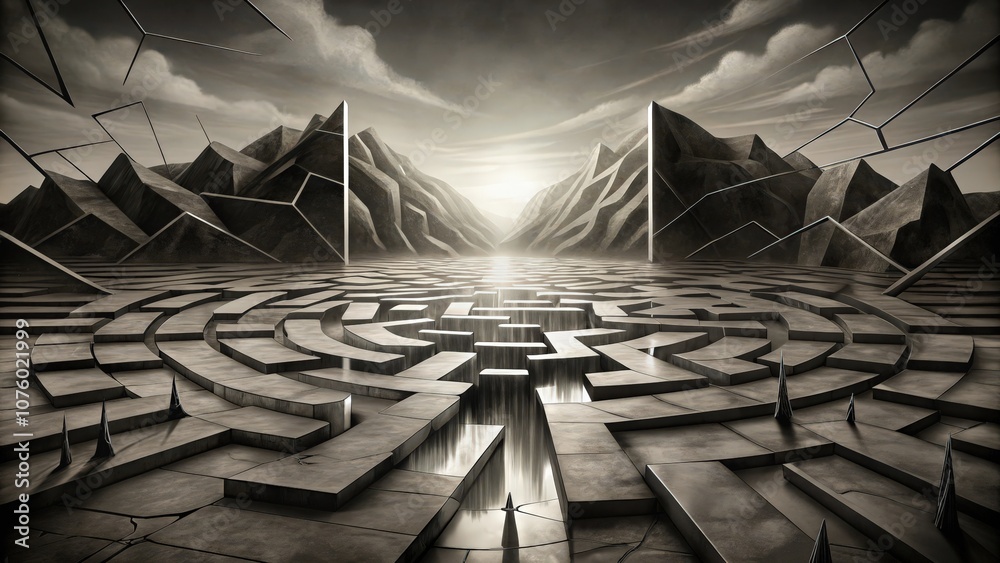 Obraz premium A geometric maze with a waterfall, surrounded by mountains and broken glass