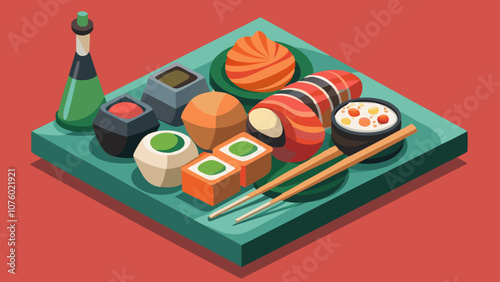 A plate of sushi with chopsticks and a bottle of sauce
