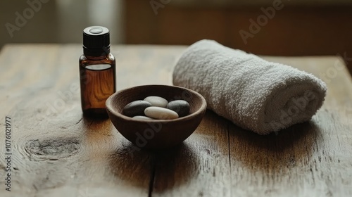 Tranquil Spa Scene with Essential Oil, Massage Stones, and Soft Towel on Natural Wooden Surface for Wellness and Relaxation Imagery