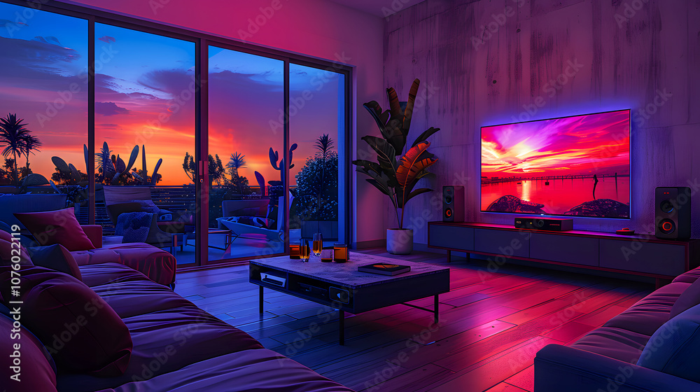 Vibrant Living Room with Smart Devices at Sunset Vibrant Living Room with Smart Devices at Sunset
