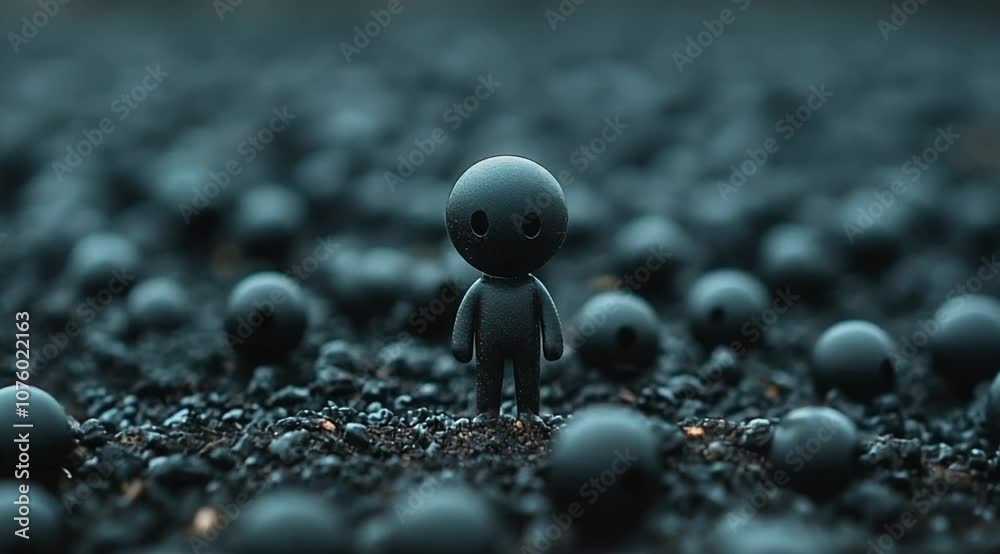 Abstract scene of black ball resembling doll, Camera slow motion with different angles